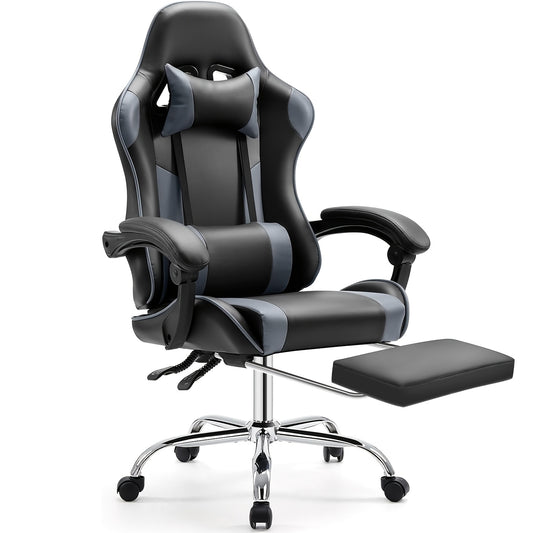 Ergonomische Gamingstoel – Bureaustoel – Gamestoel – Werkstoel – Computerstoel – Verstelbare Zithoogte – Memory Foam Kussens – Uitklapbare Voetensteun – Metalen Frame – Grijs