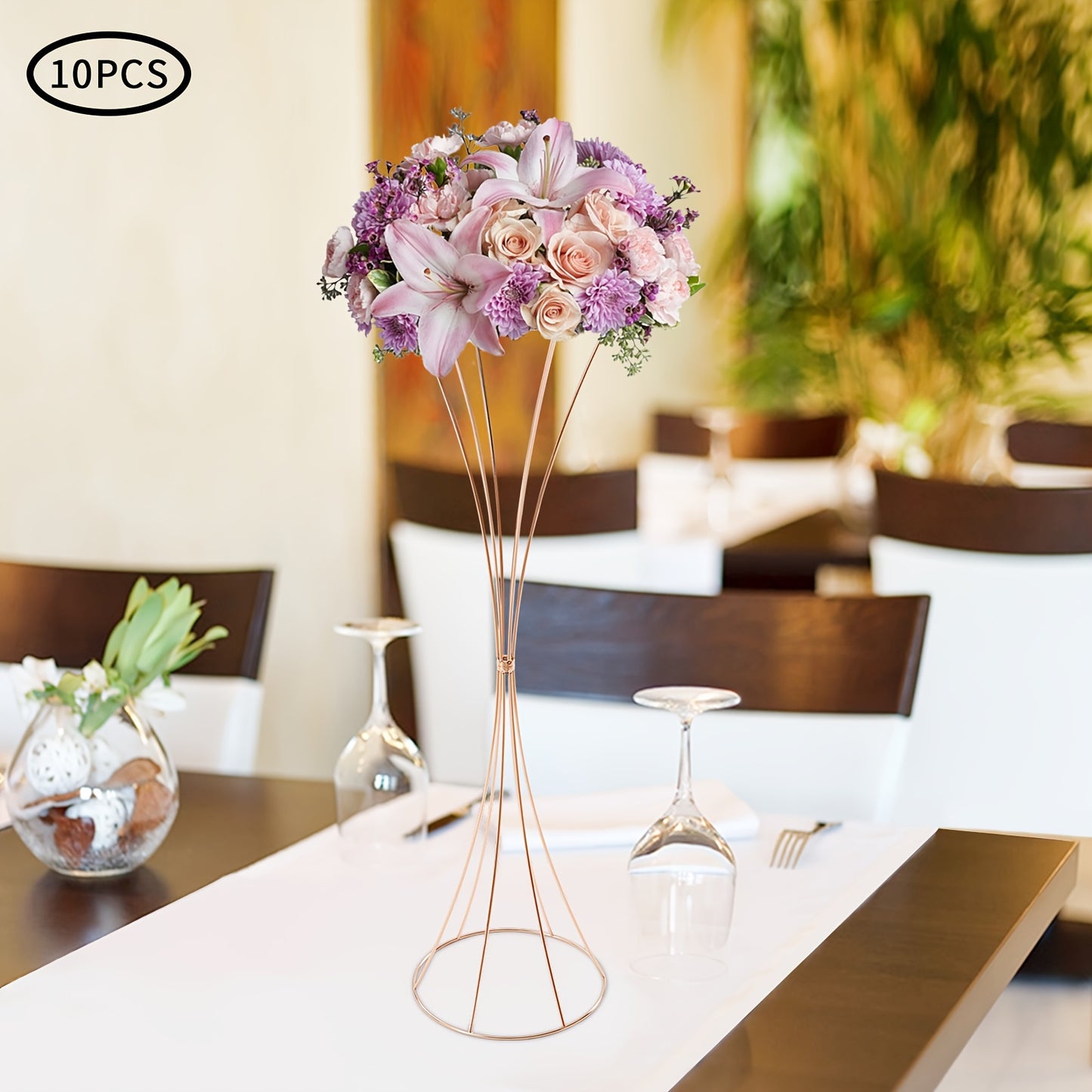 Glazen Vaas – Tulpenvaas – Bloemvaas – Decoratievaas – Wedding Centerpiece – Gouden Metalen Frame – 80 cm Hoogte – Set van 10 Stuks