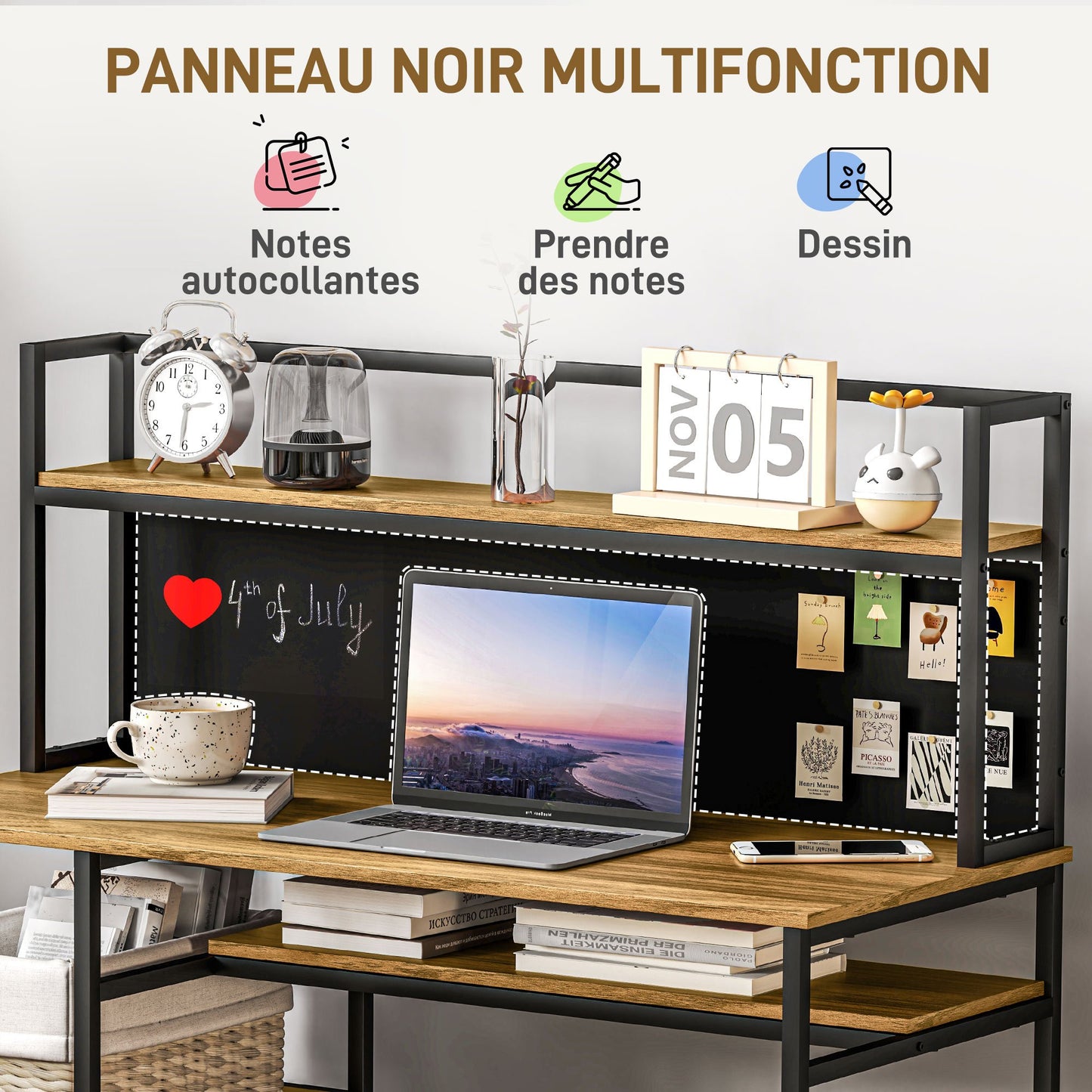 Computertafel – Bureau – Werkplek – Schrijftafel – Studietafel – Met 4 Opbergrekken – Zwart Schrijfbord – 120x53x126 cm – Industrieel Bruin Zwart