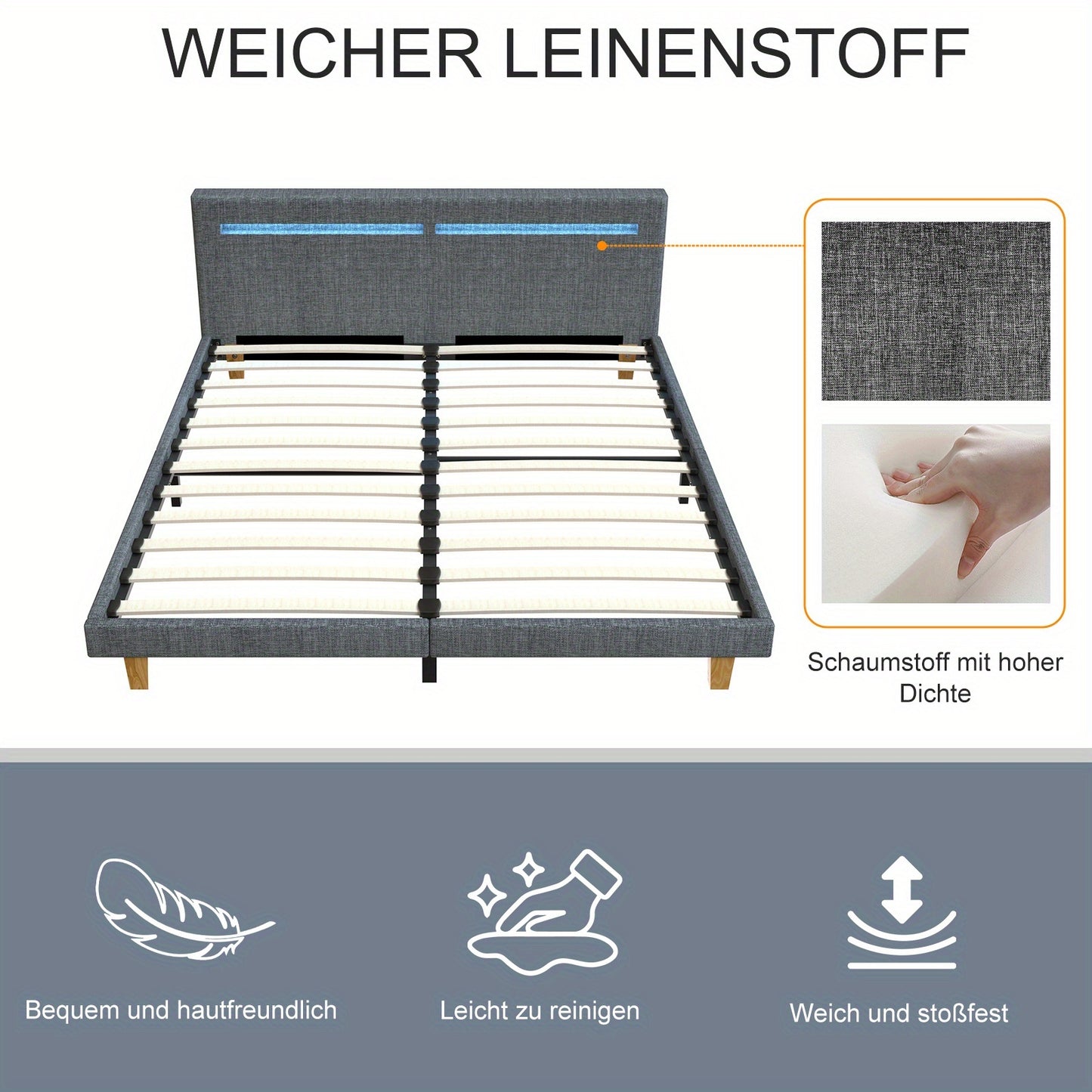 Bedframe – Tweepersoonsbed – Platformbed – Ledikant – Slaapkamerbed – 90x200 cm – Stijlvolle Donkergrijze Bekleding – Stevige Constructie Met Opbergruimte Onderbed