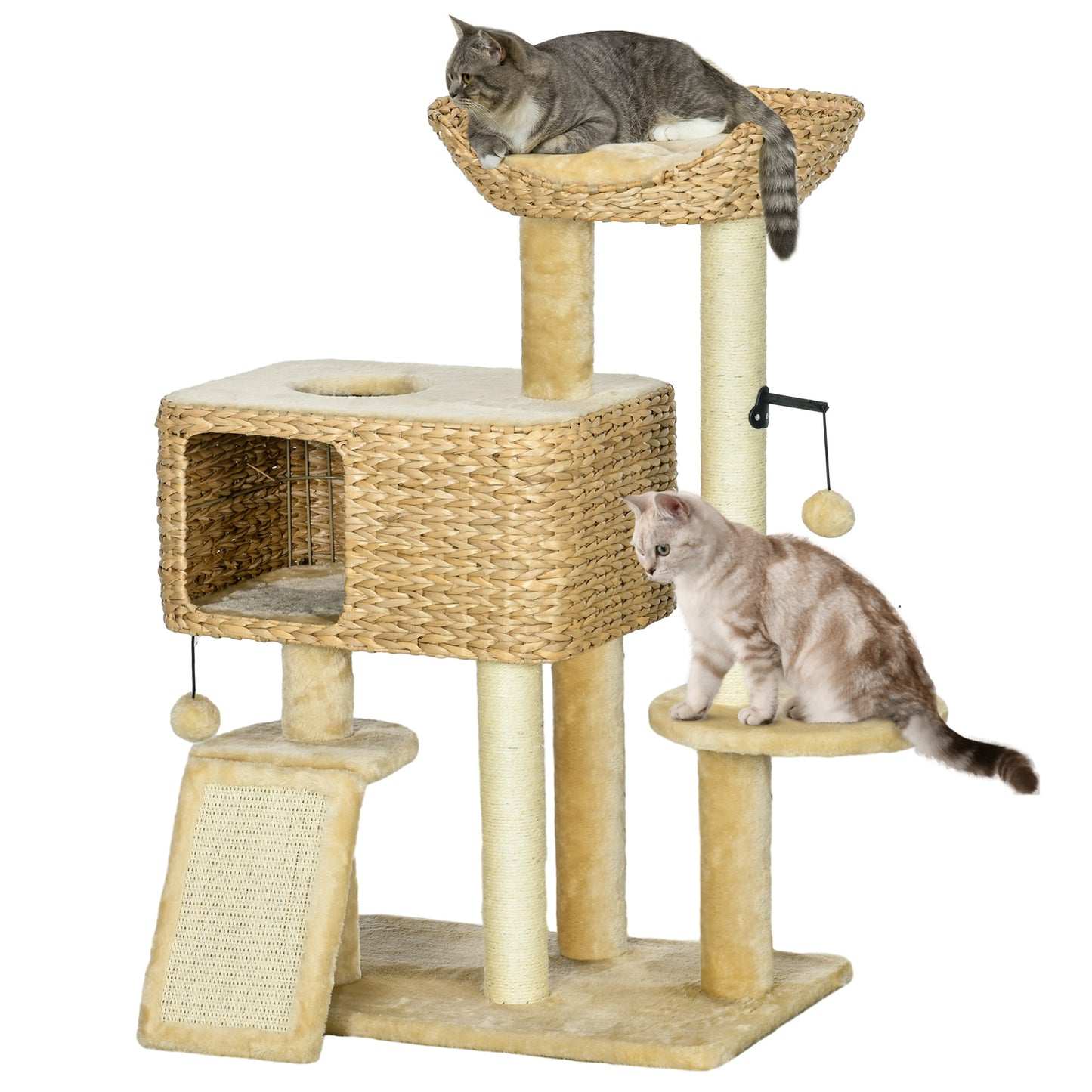 Kattenkrabpaal – Klimeiland – Speeltoren – Kattenhuis – Krabmeubel – Inclusief Hangende Pomponnen – 98 cm Hoog – Beige