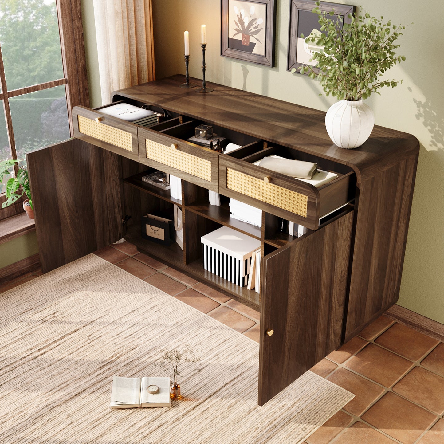 Dressoir – Sideboard – Opbergkast – Ladekast – Buffetkast – Notenhout Met Rattan Details – 120x40x85 Cm – Verstelbare Planken