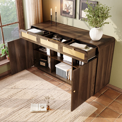 Dressoir – Sideboard – Opbergkast – Ladekast – Buffetkast – Notenhout Met Rattan Details – 120x40x85 Cm – Verstelbare Planken