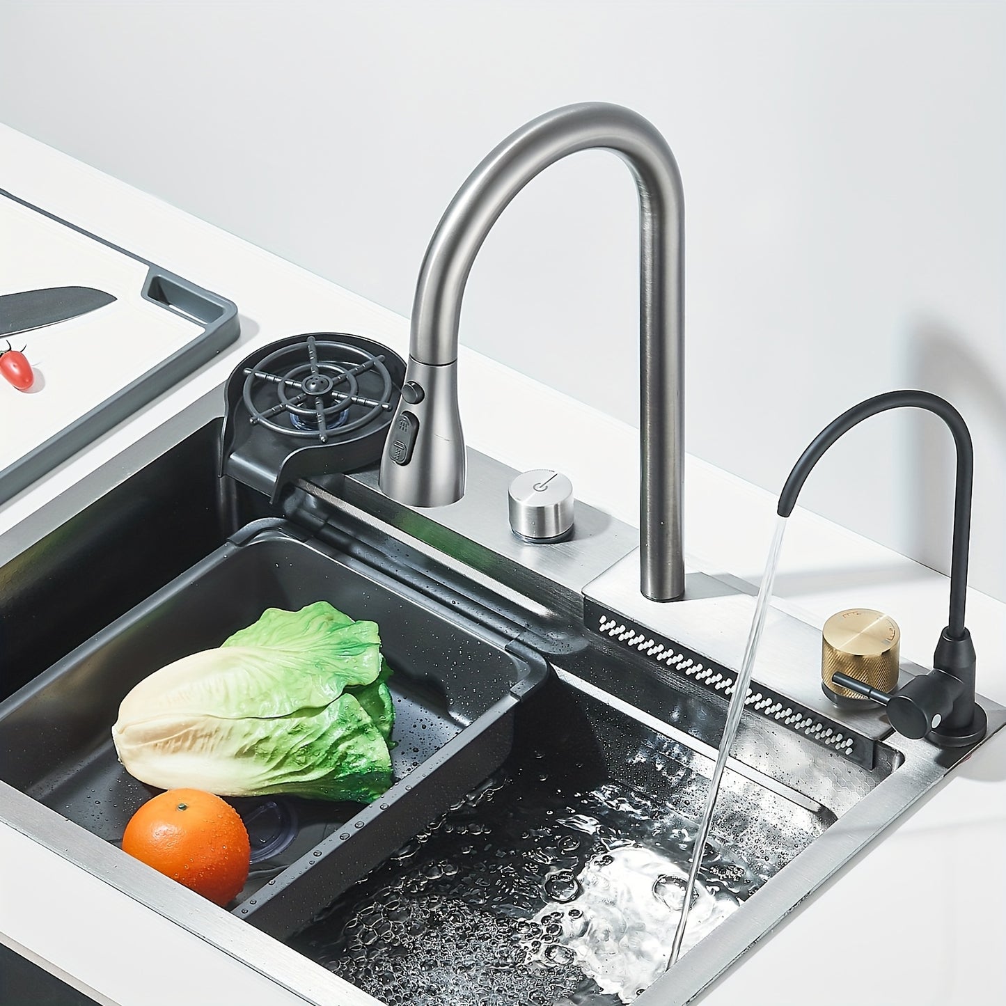 1 Set Built-in Waterfall Sink Single Bowl Kitchen Sinks, High-End Kitchen Deluxe Stainless Steel, Includes 3-In-1 Faucet, Cup Wash And Drain KitStainless Steel Bar Sink with Pull Down Sprayhead Faucet, Gun Gray Or Brushed Gol