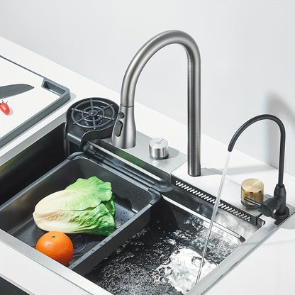1 Set Built-in Waterfall Sink Single Bowl Kitchen Sinks, High-End Kitchen Deluxe Stainless Steel, Includes 3-In-1 Faucet, Cup Wash And Drain KitStainless Steel Bar Sink with Pull Down Sprayhead Faucet, Gun Gray Or Brushed Gol