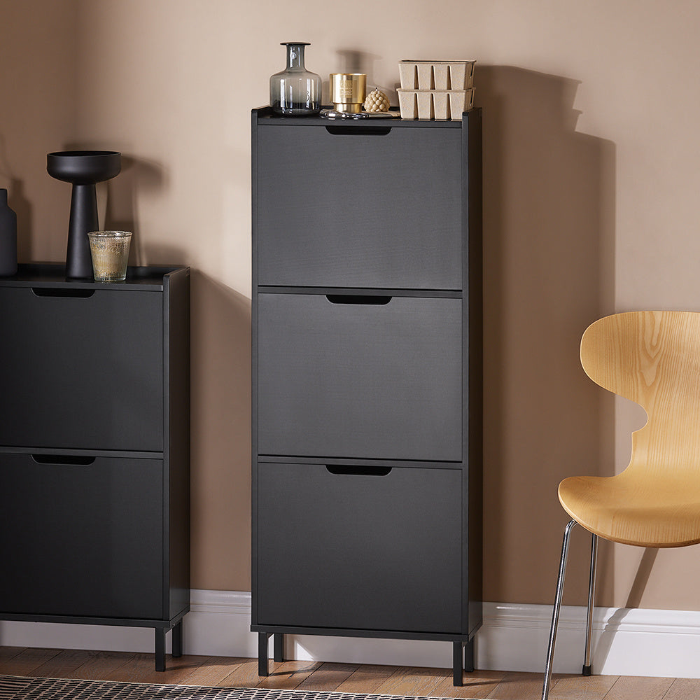Schoenenkast – Schoenenrek – Schoenenopberger – Opbergkast – Smalle Halmeubel – Compact 50x19x129 cm – MDF Zwart Gelakt