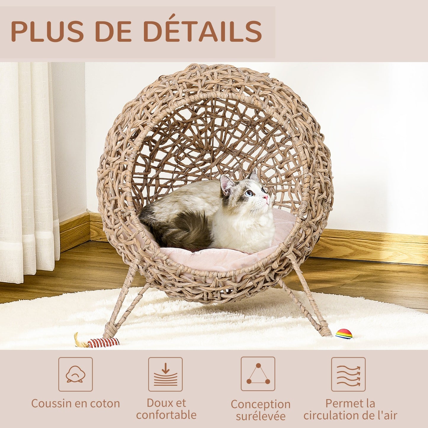 Kattenmand – Kattenbed – Kattenhuis – Kattenkussen – Kattenhol – Beige Kleur – Ø 52 x 58 cm – Duurzaam Imitatie Rattan Resin