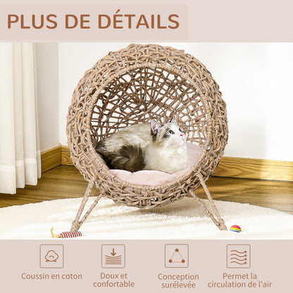 Kattenmand – Kattenbed – Kattenhuis – Kattenkussen – Kattenhol – Beige Kleur – Ø 52 x 58 cm – Duurzaam Imitatie Rattan Resin