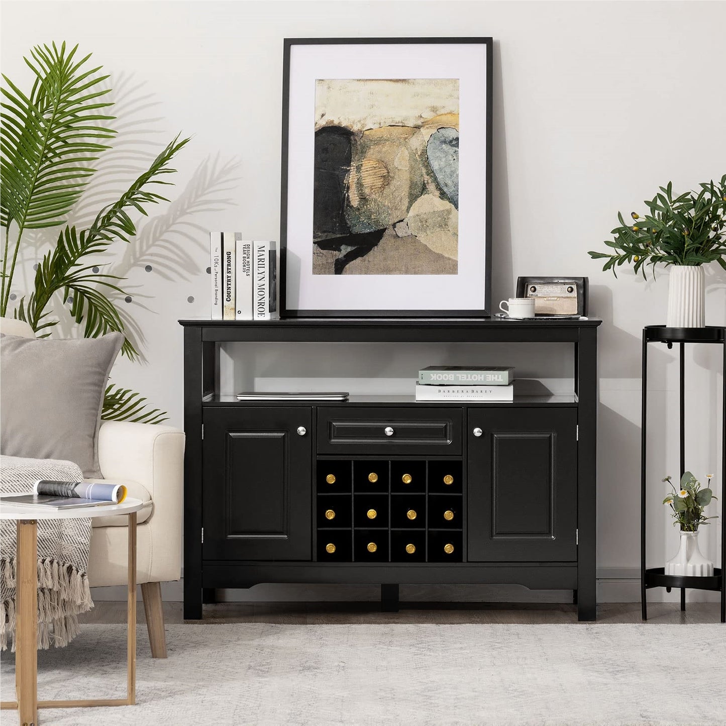 Dressoir – Buffetkast – Opbergkast – Ladekast – Kast – Zwart MDF – Inklapbaar Wijnrek – 116x40x82 cm