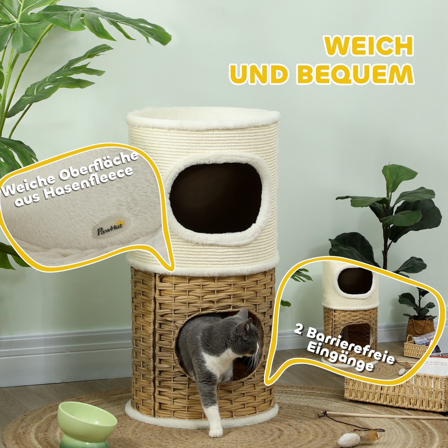 Katzenkrabpaal – Krabton – Kattenpaal – Kattenboom – Kattenhuis – Crèmewit – Drie Niveaus – Sisal Krabpaal – 80 cm Hoog – Ø 40 cm