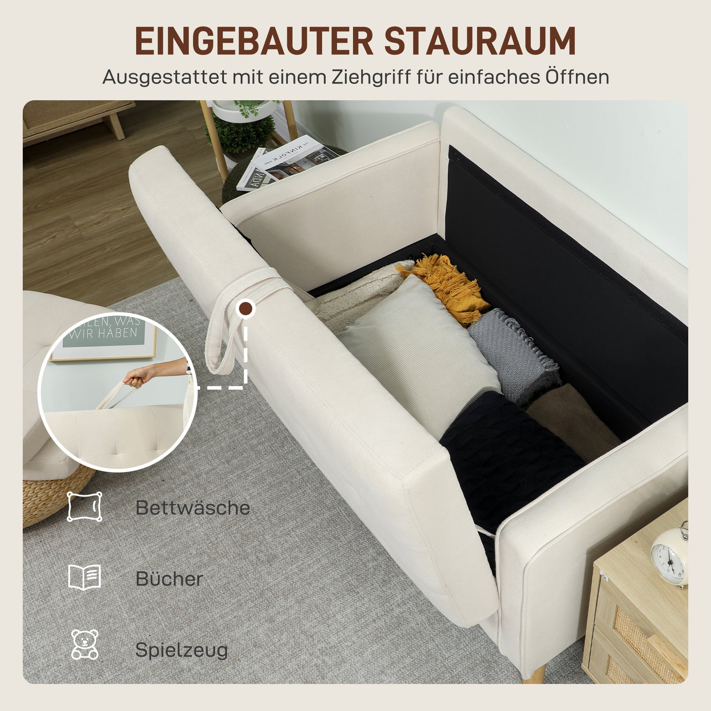 2-zitsbank – Tweezitsbank – Loveseat – Bankstel – Zitbank – Opbergruimte Onder Zitting – Rubberwood Frame – Crème Wit – 117x62x78 cm – Button Tufting
