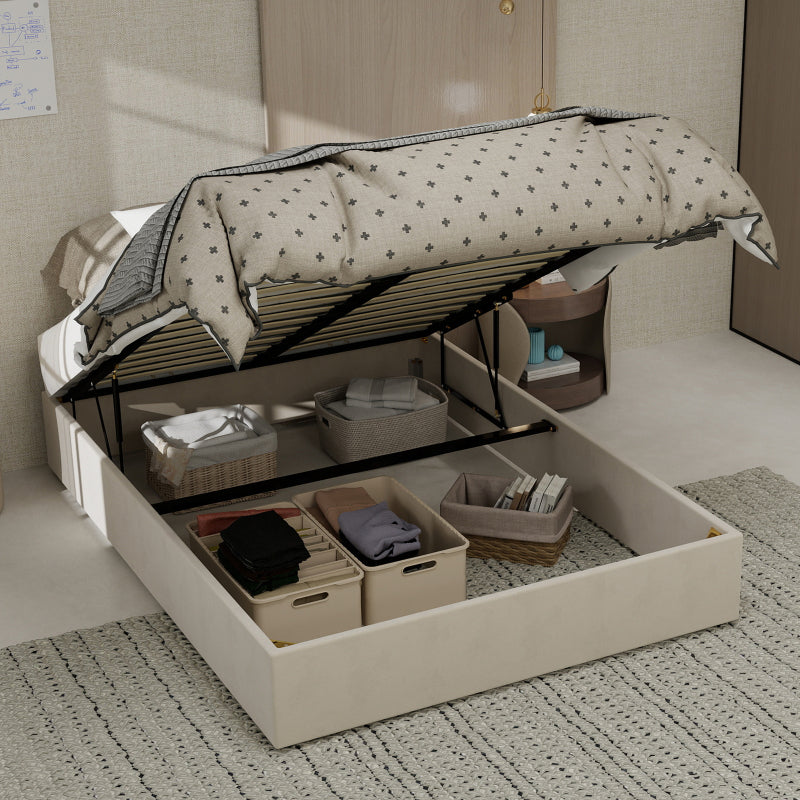 Bedframe – Bedombouw – Slaapbank – Platformbed – Ledikant – Modern Minimalistisch – Beige Velvet Bekleding – Gaslift Opbergruimte