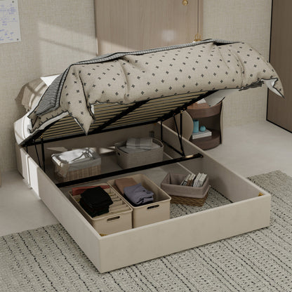 Bedframe – Bedombouw – Slaapbank – Platformbed – Ledikant – Modern Minimalistisch – Beige Velvet Bekleding – Gaslift Opbergruimte