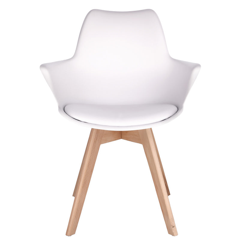 Witte Stoel – Eetkamerstoel – Kuipstoel – Fauteuil – Designstoel – Beukenhouten Poten – Ecologisch Leren Zitkussen