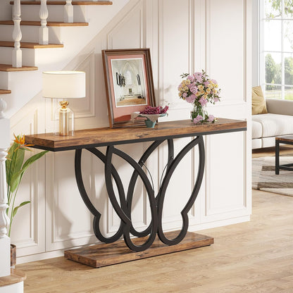 Landelijke Sidetable – Haltafel – Wandtafel – Sofatafel – Console – 140 cm Breed – Met Vlinder Metaalframe – Robuust Hout – Verstelbare Voetjes – Rustic Bruin & Zwart