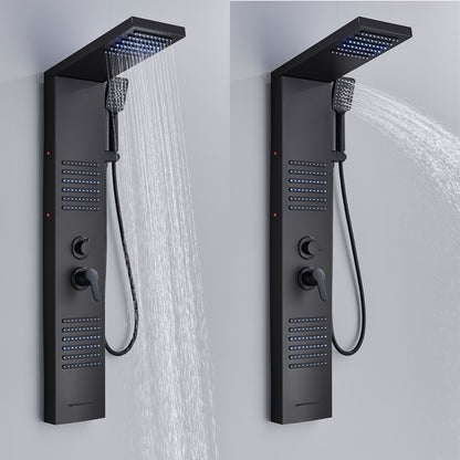 5-in-1 Stainless Steel Shower Panel Tower System with Rainfall Showerhead, Waterfall Spout, Handheld Shower & Tub Spout - High-Pressure Wall-Mounted Bath System, Matte Black Finish, Blue Backlit Controls, Easy Installation (N