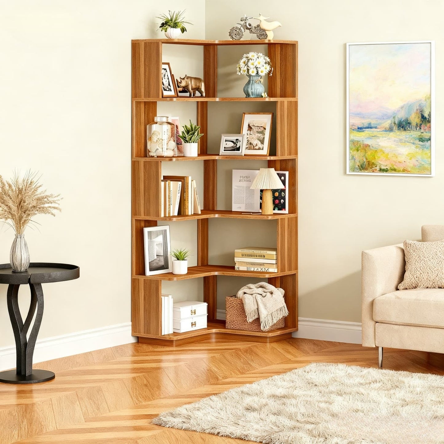 Boekenplank – Boekenrek – Wandplank – Wandrek – Boekenkast – Industrieel Design – 6 Lagen – L-vormig Hoekmeubel – Houten Planken – Anti-Val Panelen – Vrijstaand – Ruimtebesparend