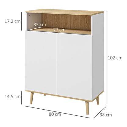 Opbergkast – Kasten – Dressoir – Woonkamerkast – Servieskast – Scandinavisch Design – Verstelbare Binnenplank – Massief Houten Poten – Wit Houtlook – 80x38x102 cm