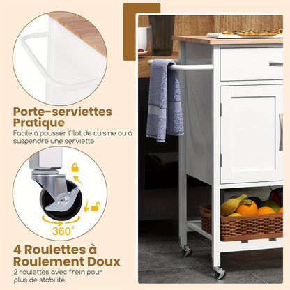 Keukentrolley – Mobiele Keukenwagen – Keukenkar – Opbergwagen – Serveerwagen – Rubberwood Werkblad – Grote Lade & Kast – Wit