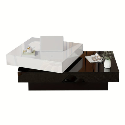 Salontafel – Tafel – Koffietafel – Bijzettafel – Draaibare Tafel – Zwart-Wit – Hoogglans – Metalen Constructie – Draaibaar Middenstuk – Ruimtebesparend Ontwerp