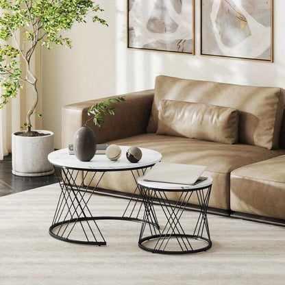 Set van 2 Ronde Salontafels – Bijzettafels – Tafeltjes – Nestbare Tafels – Witte Marmerlook Tafels – Nestbaar Ontwerp – Stevig Metalen Onderstel
