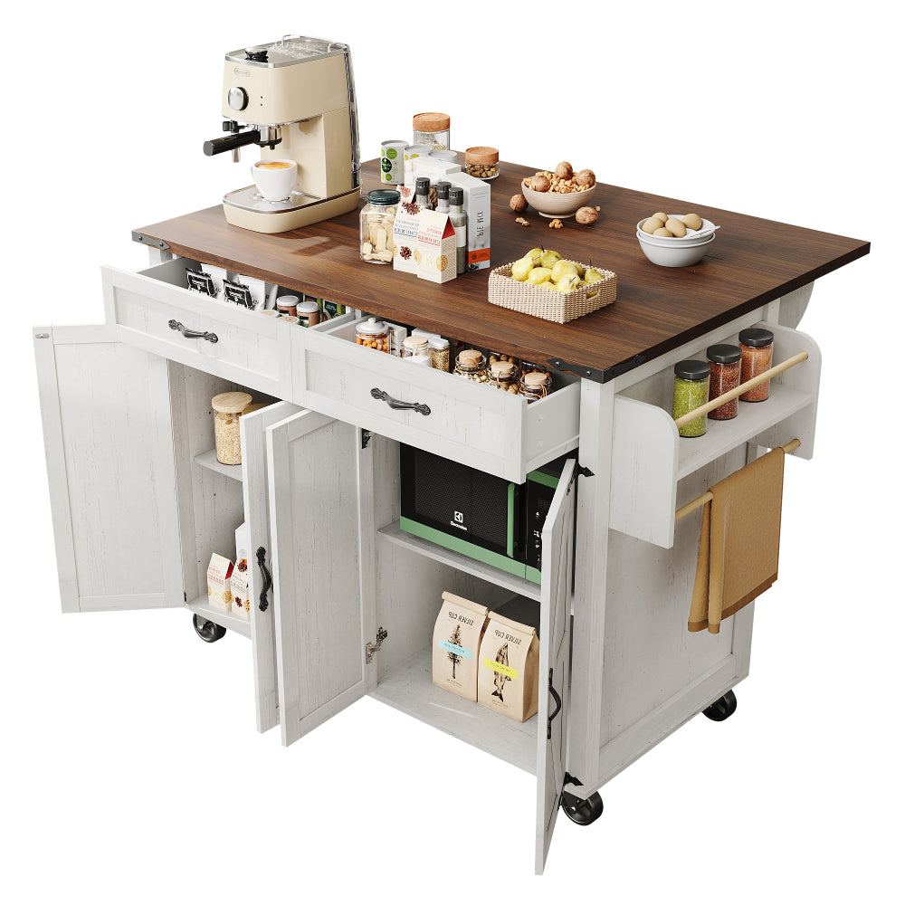 Mobile Kitchen Island Cart with Pull-Out Worktop, 4 Doors & 2 Drawers - Heavy-Duty Metal Frame White/Black Rolling Cabinet on Casters, Space-Saving Mobile Storage Trolley for Small Kitchens, Easy Assembly (No Wood)
