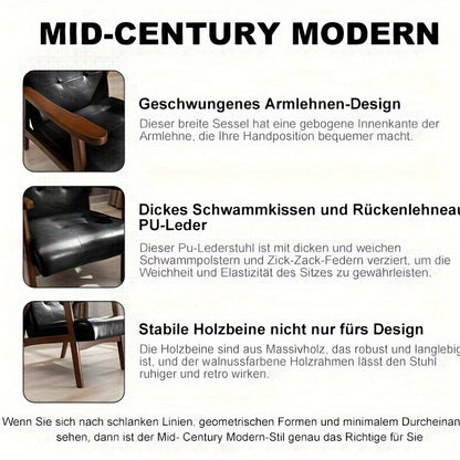 Retro Fauteuil – Vintage Stoel – Lounge Chair – Armstoel – Zwarte Kunstleren Fauteuil – Massief Houten Frame – Comfortabele Zitting
