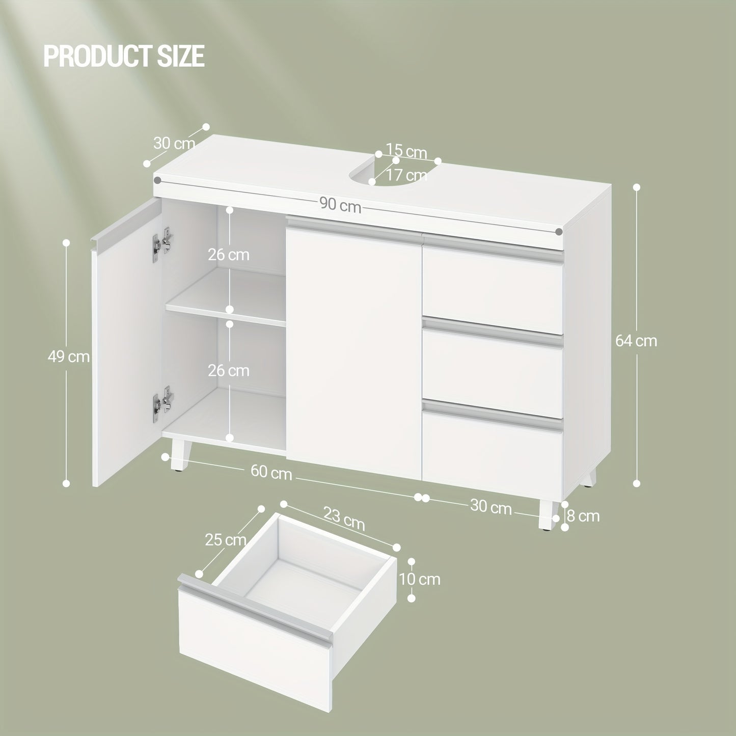 Badkamerkast – Wastafelmeubel – Badkamermeubel – Opbergkast – Kast Met Laden – Vrijstaand – 3 Laden En 2 Compartimenten – Duurzaam Spaanplaat – Compact 30x90x64 cm – Wit