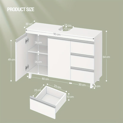 Badkamerkast – Wastafelmeubel – Badkamermeubel – Opbergkast – Kast Met Laden – Vrijstaand – 3 Laden En 2 Compartimenten – Duurzaam Spaanplaat – Compact 30x90x64 cm – Wit