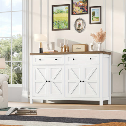 Dressoir – Sideboard – Buffetkast – Opbergkast – Keukenkast – 140 cm breed – Verstelbare plank – Wit frame met bruin houten blad