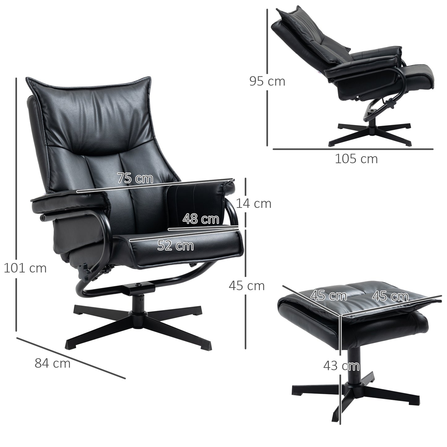 Draaifauteuil – Relaxstoel – Loungestoel – Fauteuil Met Voetenbank – Zwarte Fauteuil – 360° Draaibaar – Verstelbare Rugleuning Tot 135°