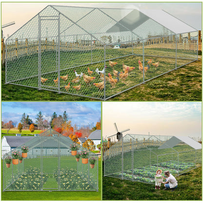 Chicken Coop Free-Range Free-Range Enclosure Animal Run Galvanized Outdoor Pen Cage for Chickens Waterproof Animal Enclosure Rabbit Cage Aviary Chicken House Chicken Cage PE Roof (Polyethylene Roof) Chick Coop Outdoor Enclosu