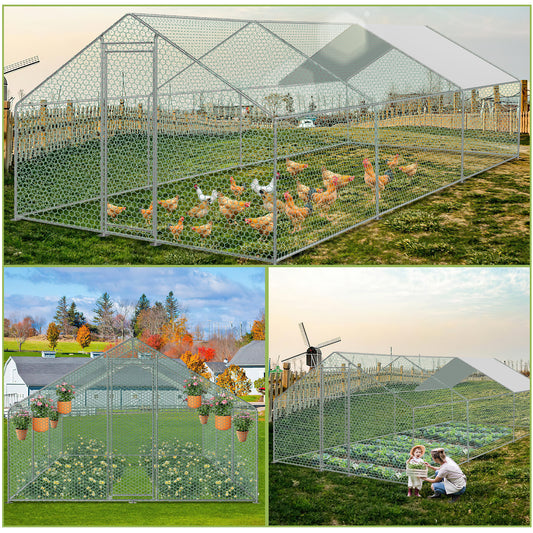 Chicken Coop Free-Range Free-Range Enclosure Animal Run Galvanized Outdoor Pen Cage for Chickens Waterproof Animal Enclosure Rabbit Cage Aviary Chicken House Chicken Cage PE Roof (Polyethylene Roof) Chick Coop Outdoor Enclosu