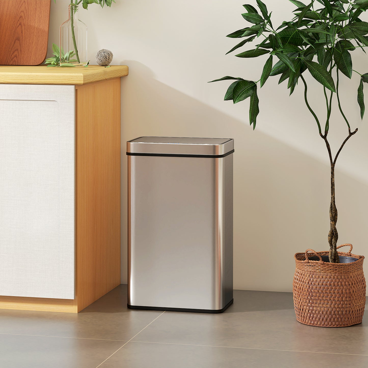 Automatische Prullenbak – Sensor Afvalbak – Touchless Afvalemmer – Bewegingssensor Prullenbak – RVS Vuilnisbak – 60 Liter Capaciteit – Batterijgevoed – Zilverkleurig