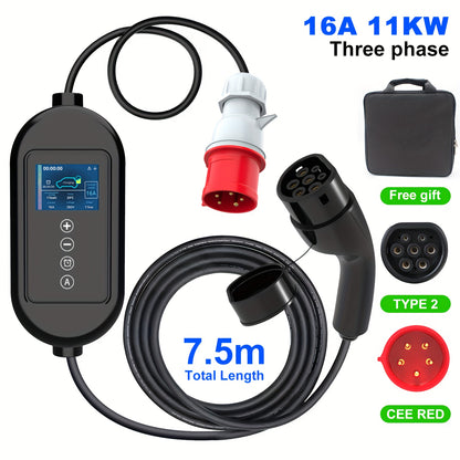 Laadkabel elektrische auto – Type 2 kabel – Mobiele oplader – Oplaadkabel EV – Draagbare laadkabel – 7,5 meter – 11 kW 3-fase – Instelbare stroom 8-16A