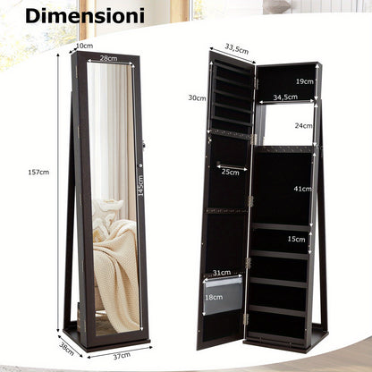 Staande Sieradekast – Sieradenkast Met Slot – Opbergkast Voor Sieraden – Make-up Spiegel Kast – Sieraden Organizer – Volledige Spiegel – 91 Ringenhouders – P2 MDF Bruin