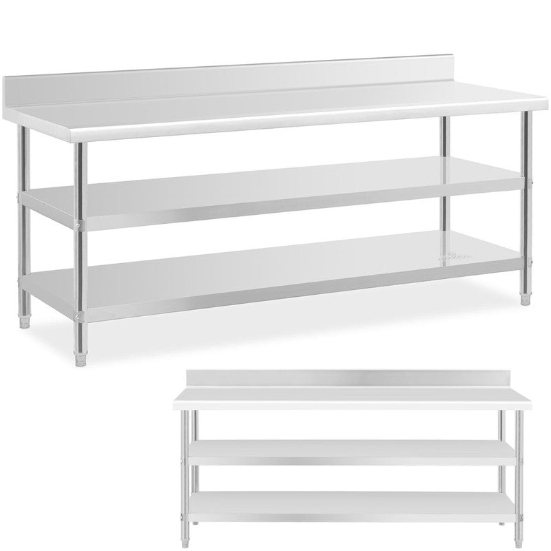 Werktafel RVS – Roestvrijstalen Werkbank – Werktafel Met Opstaande Rand – Opbergtafel – Werktafel Met Planken – 200x70 cm – Robuust RVS Met 2 Opbergniveaus