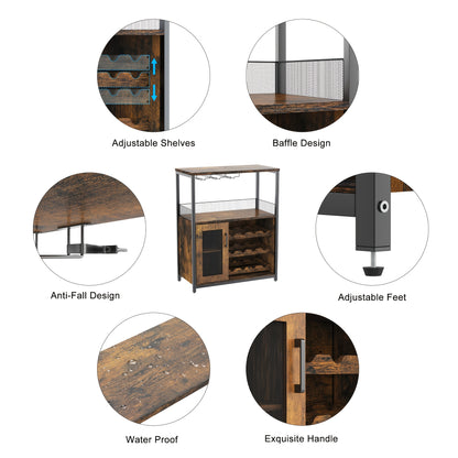 Barkast – Wijnkast – Drankkast – Keukentrolley – Opbergkast – Verstelbare Planken – Houten Metaal Constructie – Mesh Deur – Valbeveiliging – Vrijstaand – Rustiek Bruin