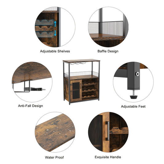 Barkast – Wijnkast – Drankkast – Keukentrolley – Opbergkast – Verstelbare Planken – Houten Metaal Constructie – Mesh Deur – Valbeveiliging – Vrijstaand – Rustiek Bruin