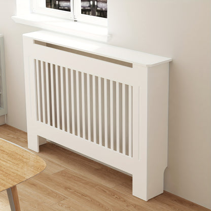 Radiatorombouw – Radiatorkast – Verwarmingsdeksel – Radiatorbekleding – Radiatorafdekking – Wit Houten Design – 100 cm Hoog – 3,2 Cu Ft Opbergruimte – Ventilerend Lamellenpatroon