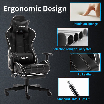 Gamingstoel – Game Stoel – PC Stoel – Bureaustoel – Racestoel – Ergonomische Lendensteun – Verstelbare Rugleuning met Voetensteun – Zwart Wit PU Leder