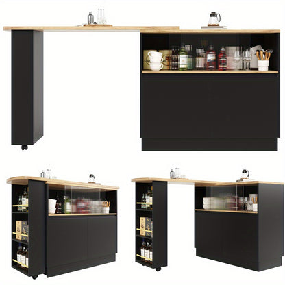 Modern 360° Rotating Bar Table with Shelves & Glass - 90x45x100cm Multifunctional Metal Frame, Minimalist Design for Kitchen & Dining Room, Space-Saving Storage Solution, Easy Assembly, No Power Needed, Sleek Finish, Contemp