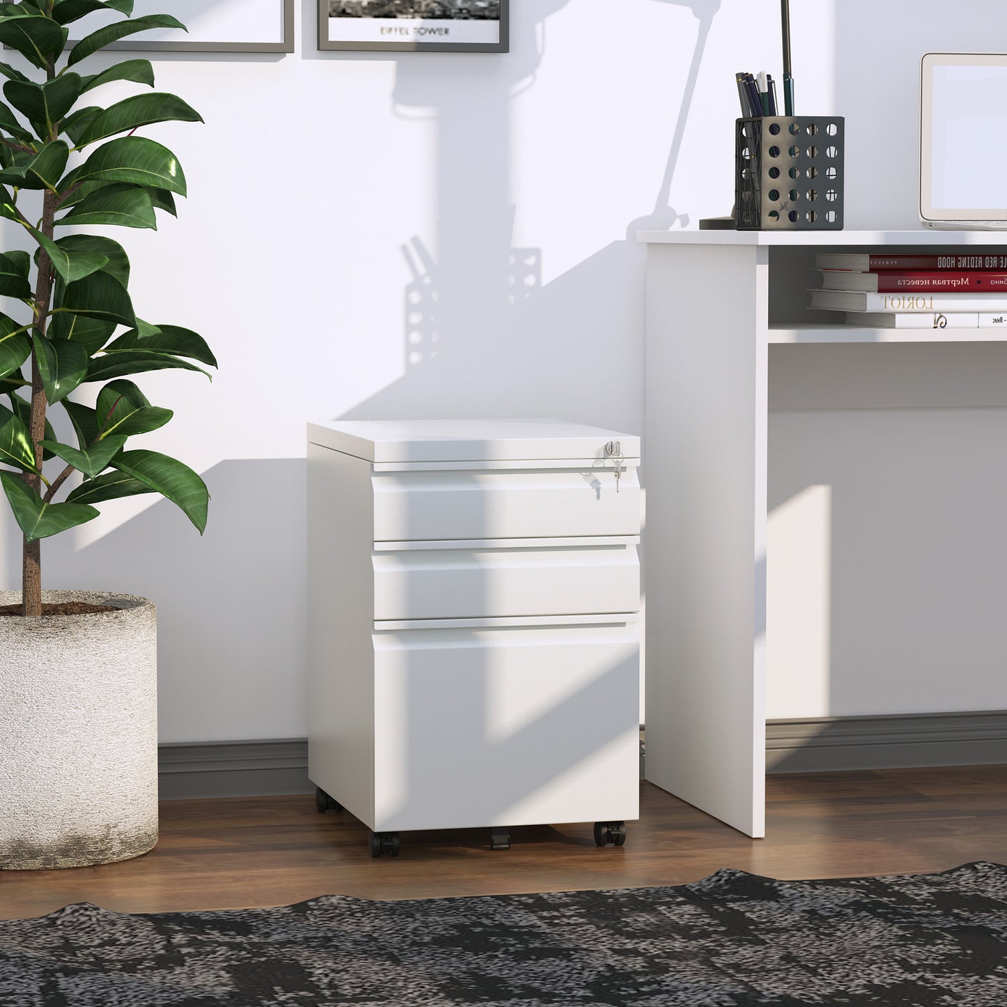 Rollcontainer – Bureaukast – Ladeblok – Kantoorcontainer – Archiefkast – Met 3 Lades – Wit Staal – Lockable – Met Wieltjes – 39x48x60 cm