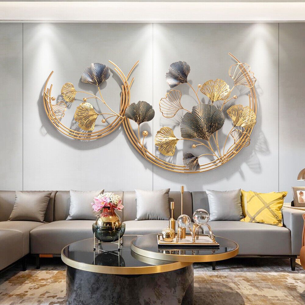 Ginkgo Biloba Wanddecoratie – Wandkunst – Muurdecoratie – Metaal Kunstwerk – Bladdecoratie – Gouden Kleur – Duurzaam Metaal – Groot en Klein Set