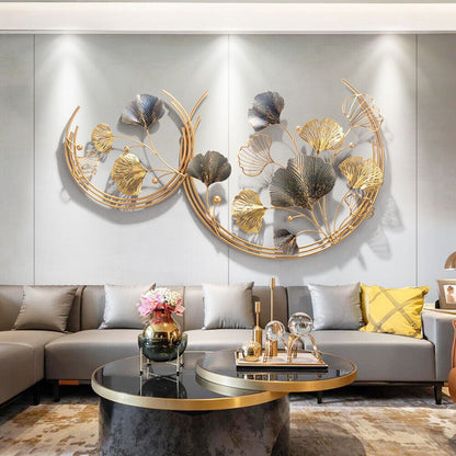 Ginkgo Biloba Wanddecoratie – Wandkunst – Muurdecoratie – Metaal Kunstwerk – Bladdecoratie – Gouden Kleur – Duurzaam Metaal – Groot en Klein Set