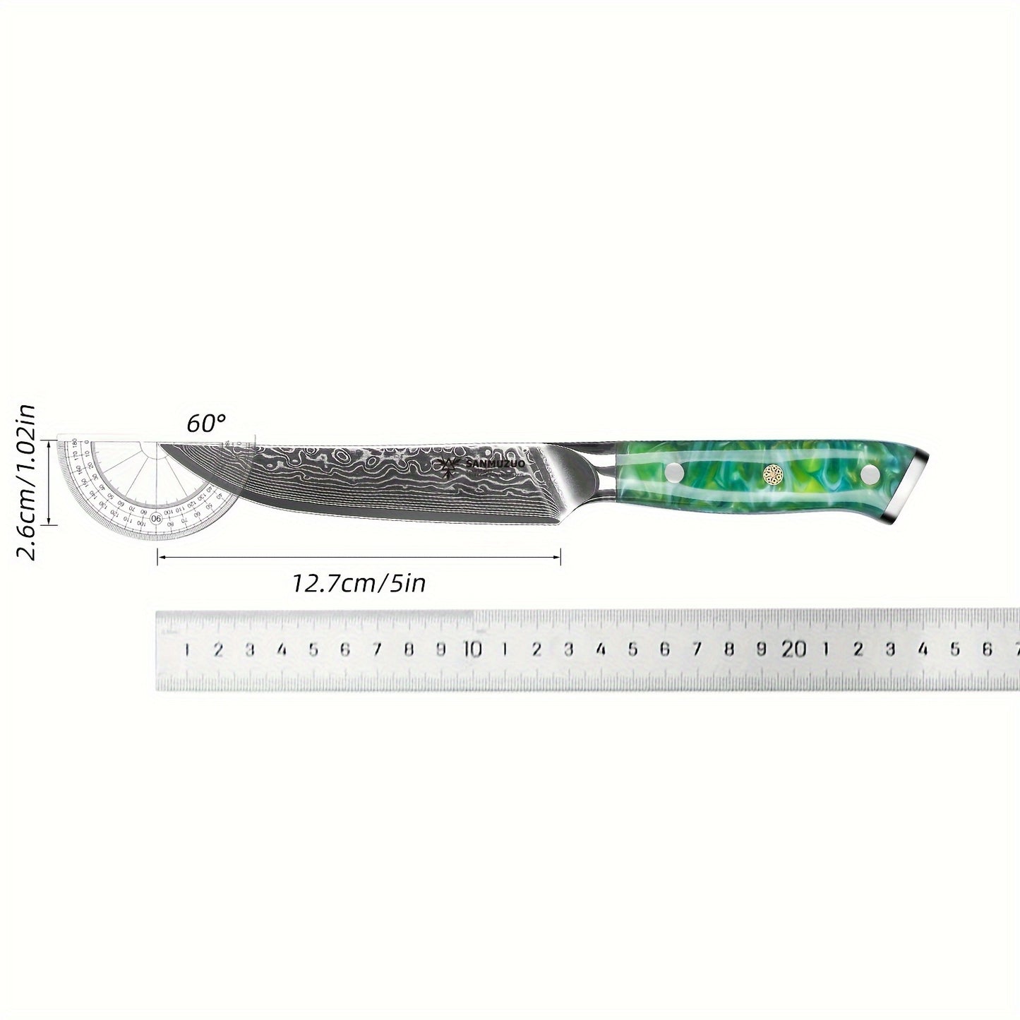 Steakmessen Set – Vleesmessen – Tafelmessen – Keukenmessen – Dinermessen – Ultra scherp – Damascus staal – 12,7 cm lemmet – Kunsthars jadegroen handvat