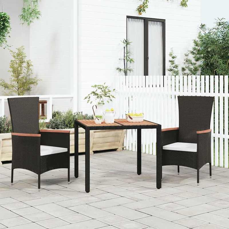 Outdoor Dining Table with Black Poly Rattan & Acacia Wood - Square Patio Furniture, All-Weather Durable Design, Sturdy Legs & Smooth Surface for Garden, Balcony, or Backyard - Modern Contemporary Style in Black & Natural Brow