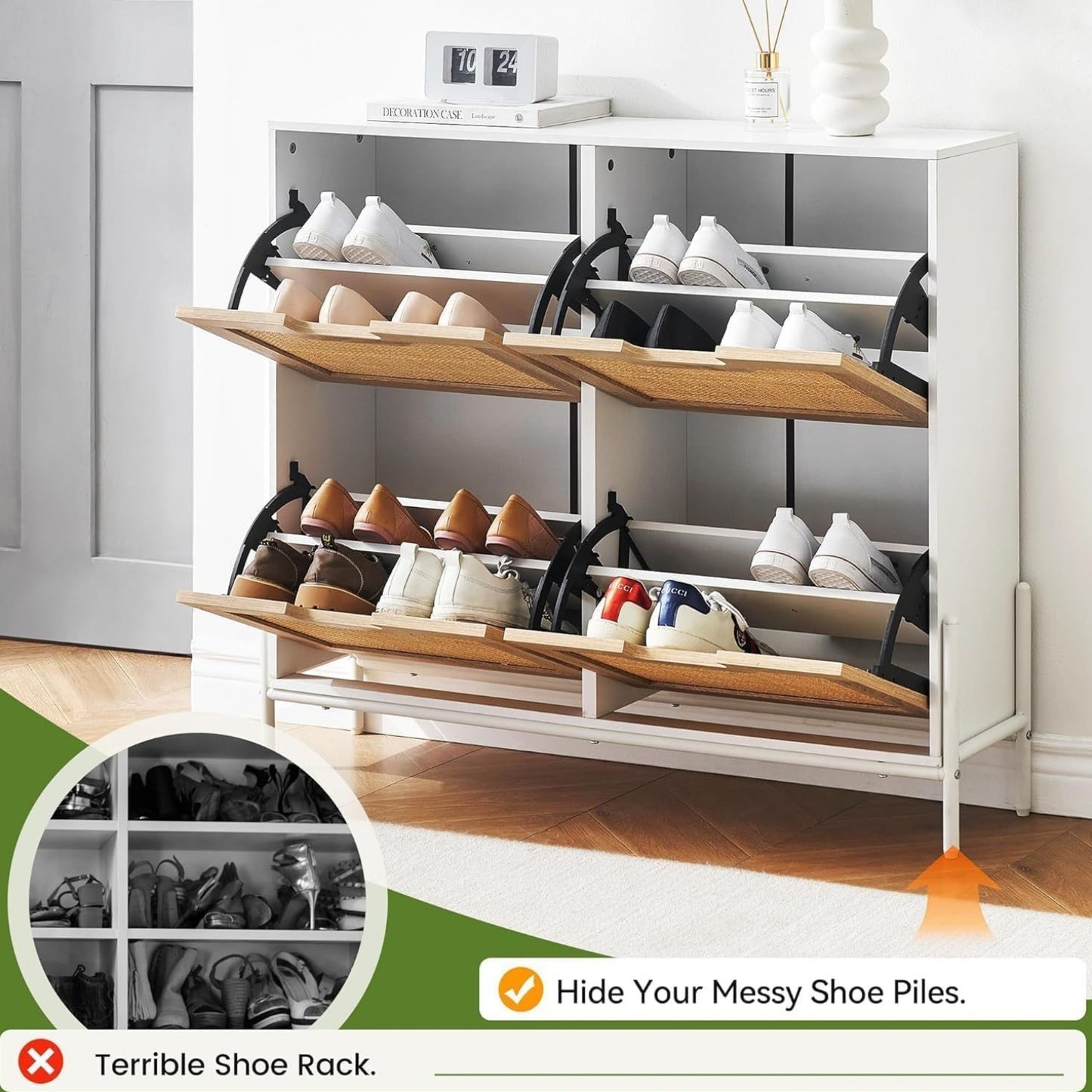 4-Door Shoe Cabinet Organizer | Holds 20 Pairs, Adjustable Shelves, Modern Hallway Storage Furniture, Spacious Storage Capacity, Flip Drawer Design, Hardwood, Floor Mount
