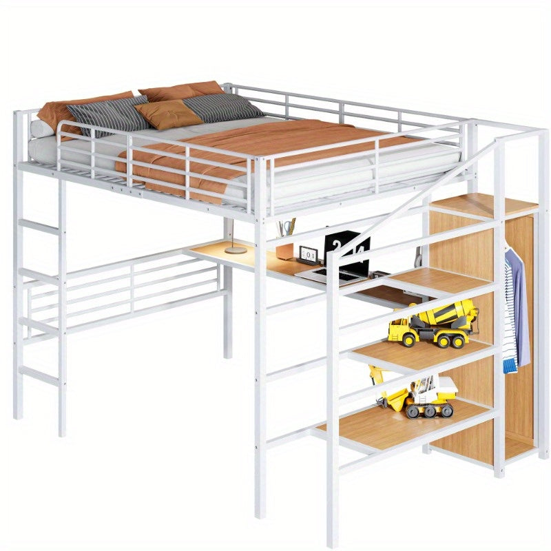 Hoogslaper – Stapelbed – Kinderbed – Eenpersoonsbed – Meubel – Met Bureau en Open Kledingrek – 140x200 cm – Wit Metaal – Stevig Frame & Ruime Opbergruimte