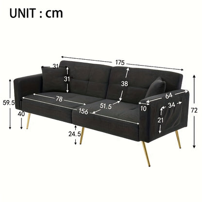 Slaapbank – Bedbank – Schlafsofa – Sofa Bed – Bedbank Met Verstelbare Rugleuning – Ruimtebesparend Design – Zwarte Stof – Gouden Poten – Opbergruimte Onder Zitting – Comfortabele Katoenen Vulling